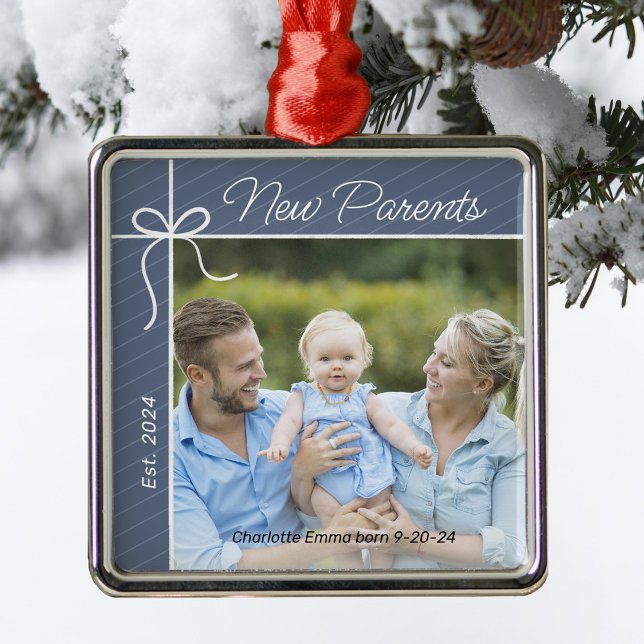 New Parents Family First Christmas Photo Metal Ornament (Creator Uploaded)