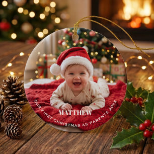 New Parents First Christmas Baby Photo  Ceramic Ornament