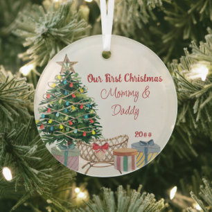 New Parents First Christmas Tree and Crib Glass Tree Decoration