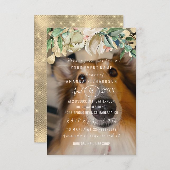 New Pet Dog Photo  Flowers Brunch Spark Gold Invitation (Front/Back)