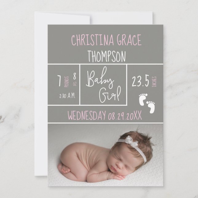 New Pink Birth Stats Baby Girl Birth Announcement (Front)