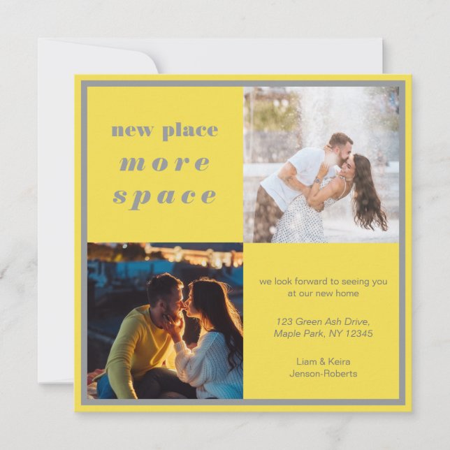 New Place More Space 2 Photo Yellow Grey Moving Announcement (Front)