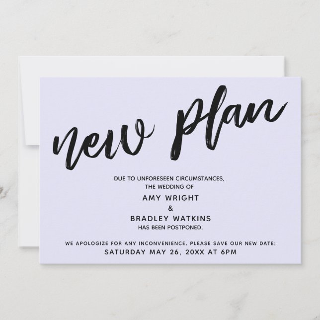 New Plan Postponed Wedding Lavender Announcement (Front)