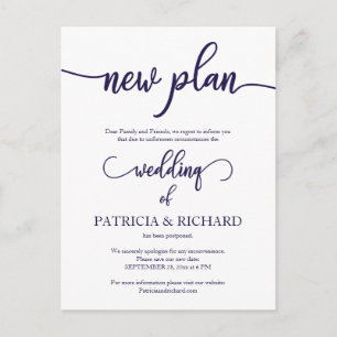 New Plan Postponed Wedding Navy Blue Script Postcard