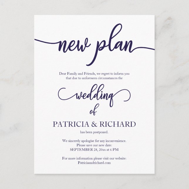 New Plan Postponed Wedding Navy Blue Script Postcard (Front)
