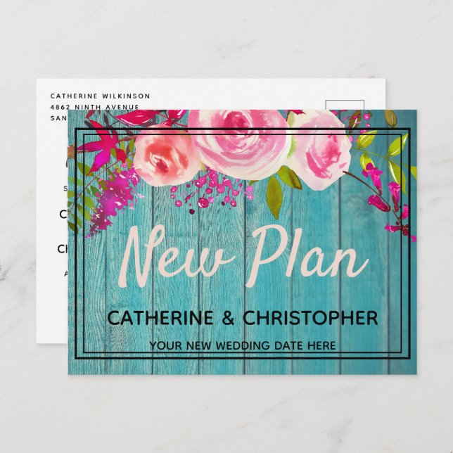 New Plan Rustic Blue Wood Floral Wedding Postponed Postcard (Front/Back)