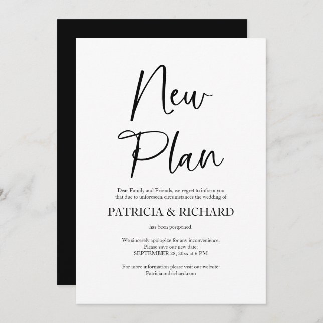 New Plan Simple Wedding Postponed Announcement (Front/Back)