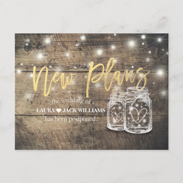New Plans Wedding Postponement Mason Jars Wood Announcement Postcard (Front)