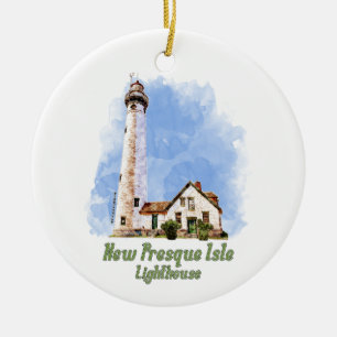 New Presque Isle Lighthouse Watercolor - Michigan Ceramic Ornament