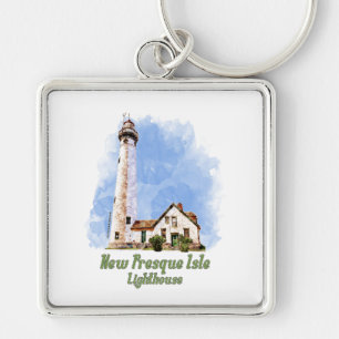 New Presque Isle Lighthouse Watercolor - Michigan Key Ring