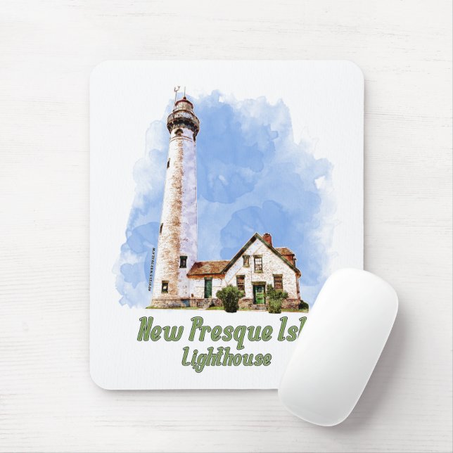 New Presque Isle Lighthouse Watercolor - Michigan Mouse Pad (With Mouse)