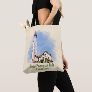 New Presque Isle Lighthouse Watercolor - Michigan Tote Bag