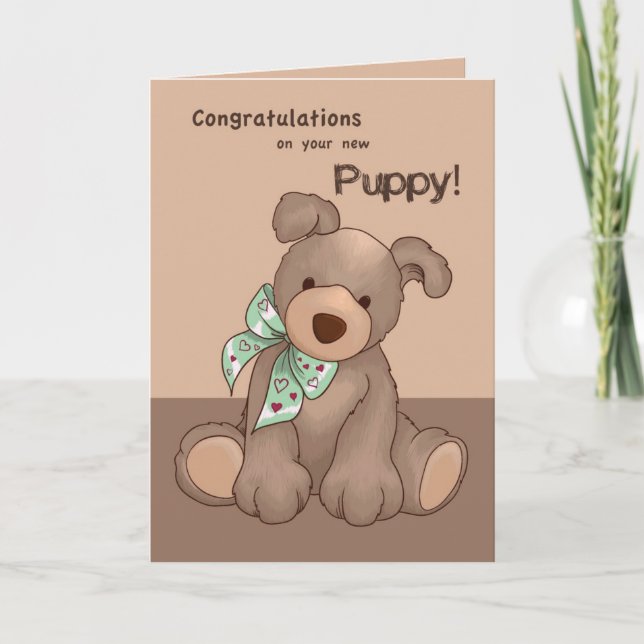 New Puppy Congratulations, Dog with Green Ribbon Card (Front)