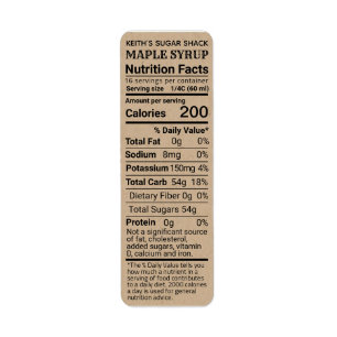 NEW Return Address Size Maple Syrup Nutrition Fact Label
