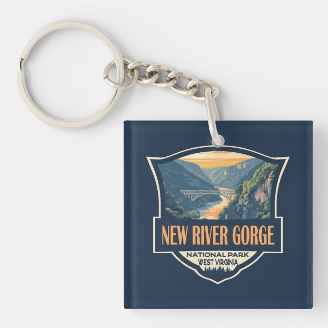 New River Gorge National Park Illustration Retro Key Ring (Front)