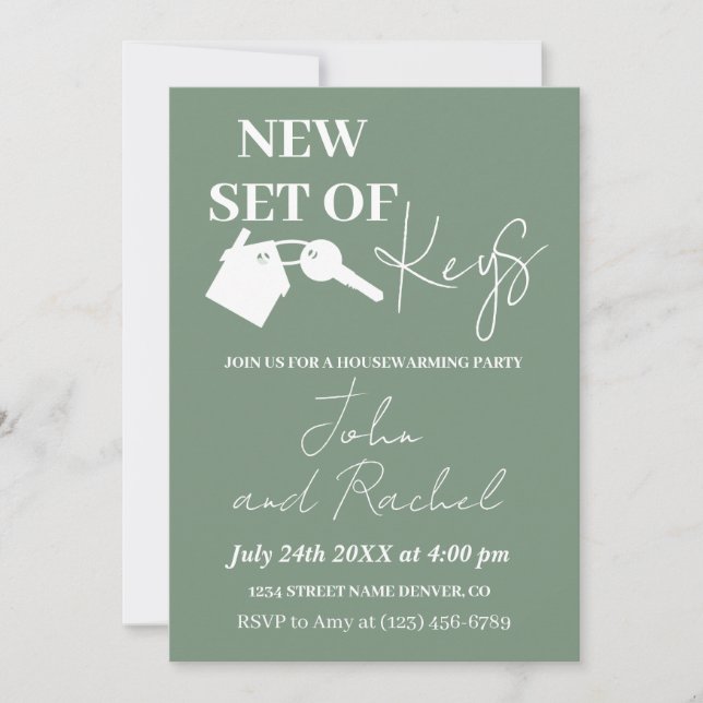 New Set Of Keys Modern Housewarming Party Green Invitation (Front)