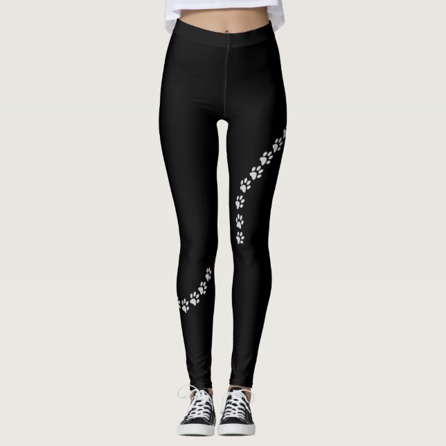 New Silver Dog Paw Print on black Leggings (Front)