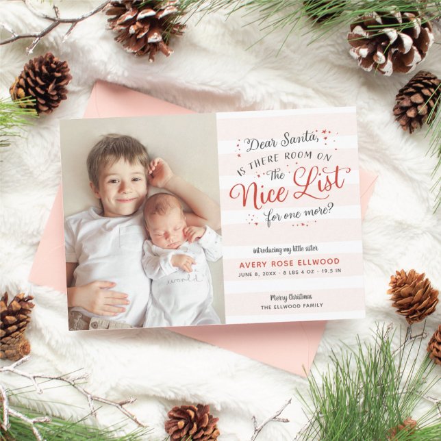 New Sister or Brother Christmas Birth Announcement (room on the nice list new little sister christmas card)