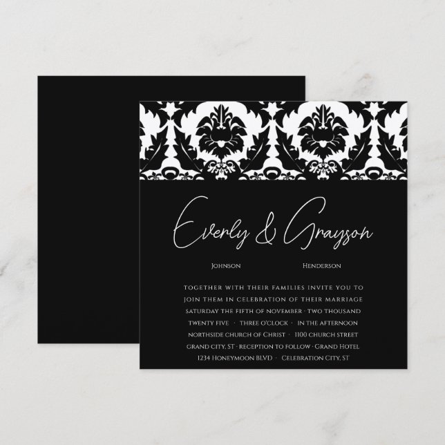 New Sizes Black Damask Swirls Wedding Invitation (Front/Back)