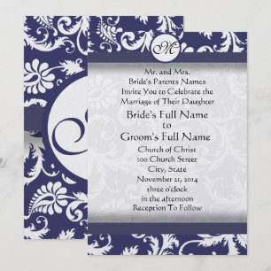 New Sizes Navy Blue Victorian Damask Wedding Invitation