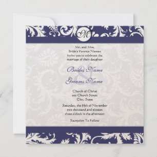 New Sizes  Navy Damask Swirls Wedding Invitation