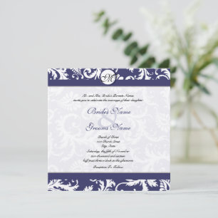 New Sizes  Navy Damask Swirls Wedding Invitation