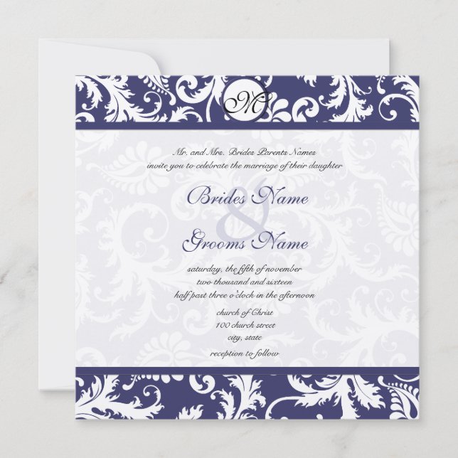 New Sizes  Navy Damask Swirls Wedding Invitation (Front)