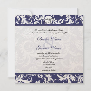 New Sizes  Navy Damask Swirls Wedding Invitation