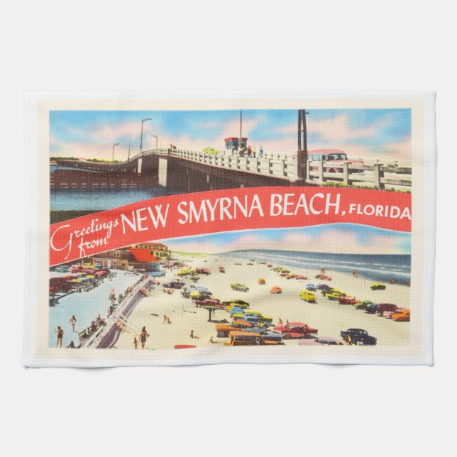 New Smyrna Beach Florida FL Old Travel Souvenir Tea Towel (Horizontal)