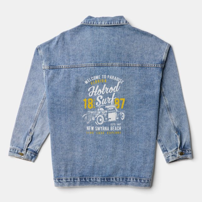 New Smyrna Beach Florida Retro Hotrod Surf Distres Denim Jacket (Back)