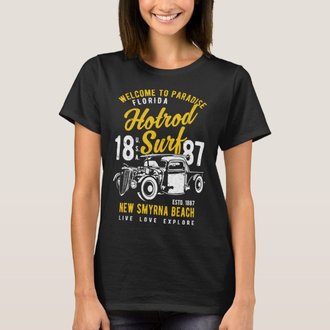 New Smyrna Beach Florida Retro Hotrod Surf Distres T-Shirt (Front)