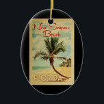 New Smyrna Beach Palm Tree Vintage Travel Ceramic Ornament<br><div class="desc">A uniquely retro mid-century modern New Smyrna Beach Florida art print in vintage travel poster style. It features a curved palm tree on sandy beach with ocean under a blue cloudy sky.</div>