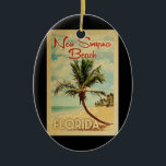 New Smyrna Beach Palm Tree Vintage Travel Ceramic Ornament<br><div class="desc">A uniquely retro mid-century modern New Smyrna Beach Florida art print in vintage travel poster style. It features a curved palm tree on sandy beach with ocean under a blue cloudy sky.</div>