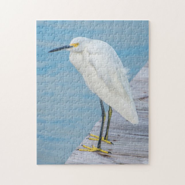New Smyrna Beach, Snowy Egret on dock Jigsaw Puzzle (Vertical)