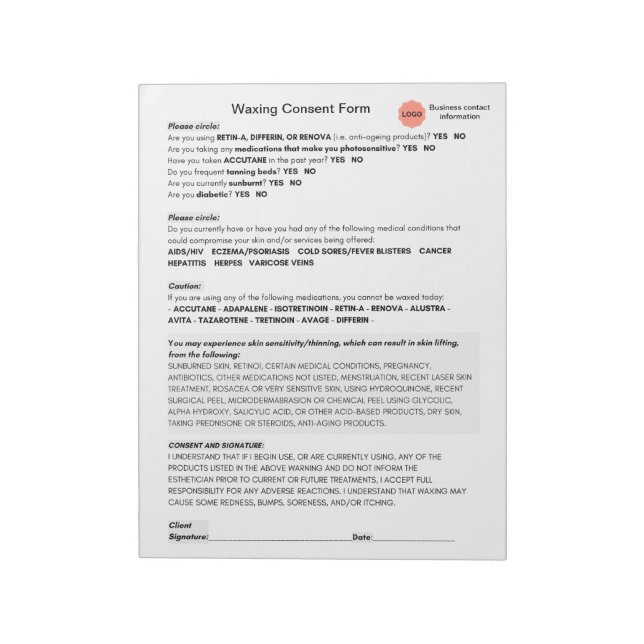 *New* Spa salon waxing consent form notepad (Rotated)