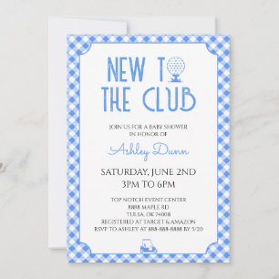 New To The Club Blue Gingham Golf Baby Shower Invitation