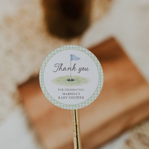 New to the Club Golf Green Gingham Baby Shower Classic Round Sticker