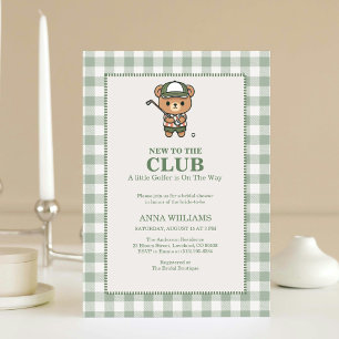 New To The Club Golfing Bear Gingham Baby Shower Invitation