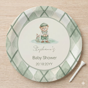 New to the Club  Green Golfing Bear Baby Shower  Paper Plate
