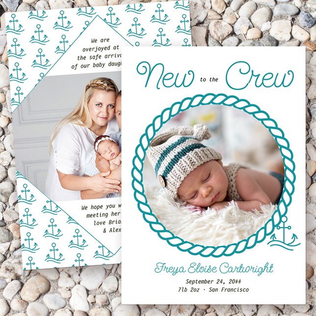 New to the Crew 2 Photo Teal Nautical Anchor Birth Announcement (Nautical baby birth announcement with 2 of your photos and "new to the crew wording")