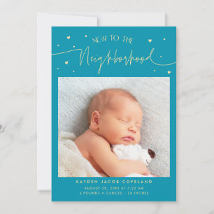 New To The Neighbourhood Aqua Blue Photo Birth Announcement