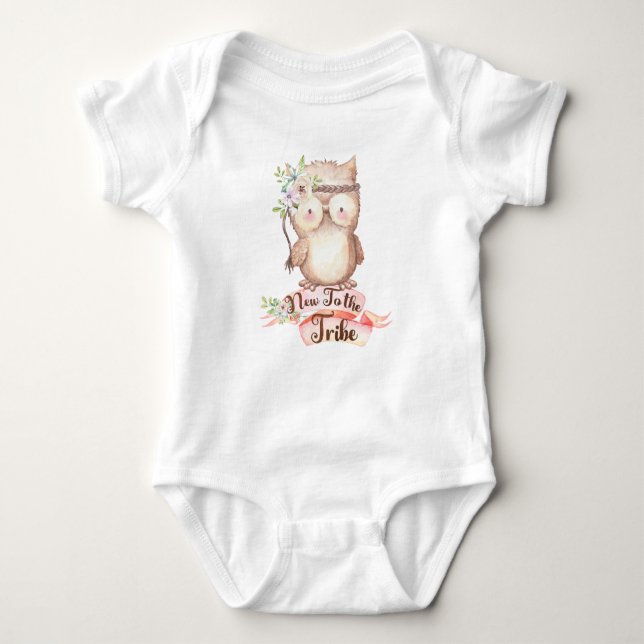 New To The Tribe Baby Clothes, Boho Owl Baby Bodysuit (Front)