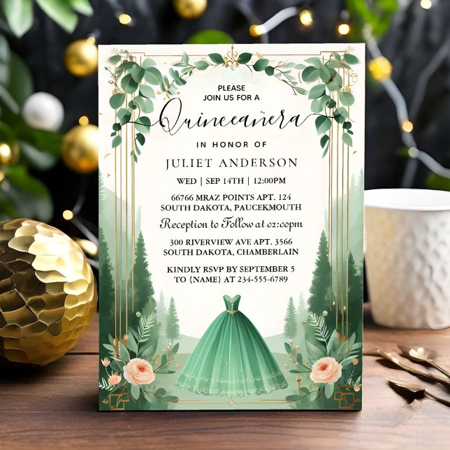New Trees Gold Mint Glam Emerald Green Quinceanera Invitation (Creator Uploaded)