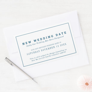 New wedding date event change postponement blue rectangular sticker