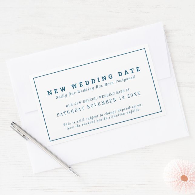 New wedding date event change postponement blue rectangular sticker (Envelope)