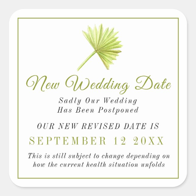 New wedding date event change postponement palm square sticker (Front)