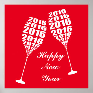 New Year 2016 Stylish Wine Glass Toasting Poster