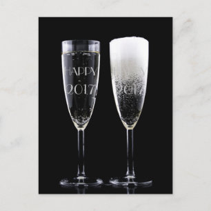 New Year 2017 Black White Champagne Flute Glasses Holiday Postcard