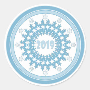 New Year 2019 round frame snowflake blue white Classic Round Sticker