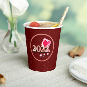 New Year 2022 Pink Hearts Party Paper Cups